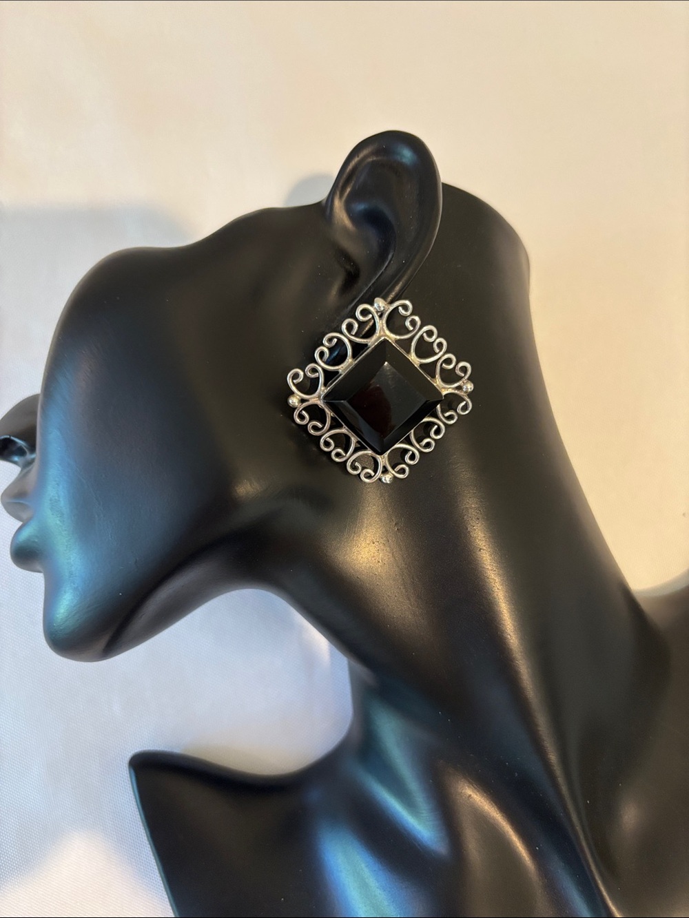 Vintage Sterling Silver & Black Stone Clip-on Earrings -